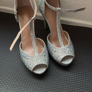 Thalia Sodi Silver T-Strap Glitter Heels